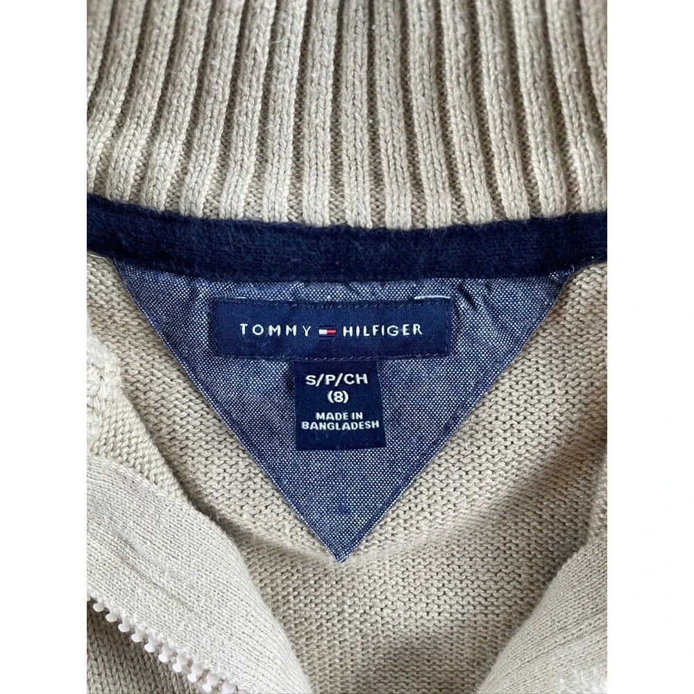 Tommy Hilfiger Boys Tan Beige Quarter Zip Mock Neck Knit Sweater Size S 8